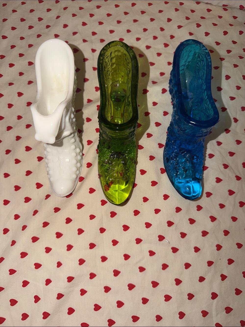 SET OF 3 Decorative Glass Shoe Figurines - White, Green, Blue